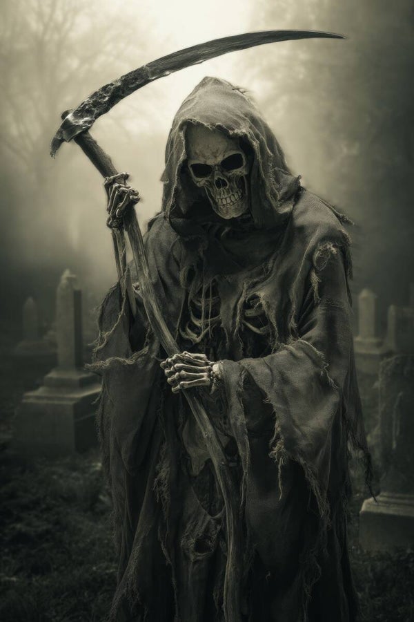 Der Tod wartet – düsteres Sensenmann-Motiv in Schwarz-Weiß
