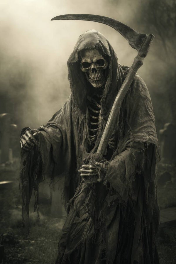 Der Tod wartet – düsteres Sensenmann-Motiv in Schwarz-Weiß