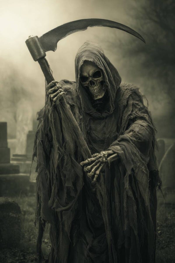 Der Tod wartet – düsteres Sensenmann-Motiv in Schwarz-Weiß