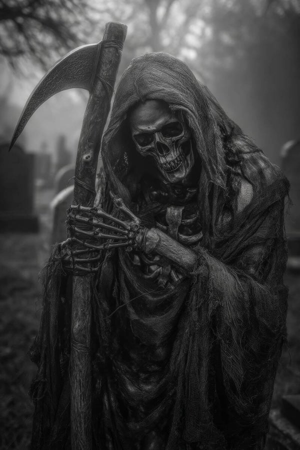 Der Tod wartet – düsteres Sensenmann-Motiv in Schwarz-Weiß