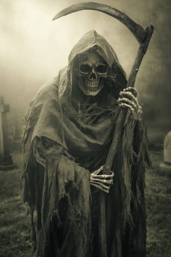 Der Tod wartet – düsteres Sensenmann-Motiv in Schwarz-Weiß