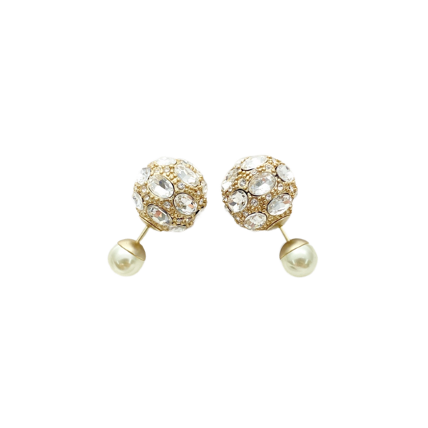 DIOR Tribales Double Stud Earrings Gold Tone Pearl