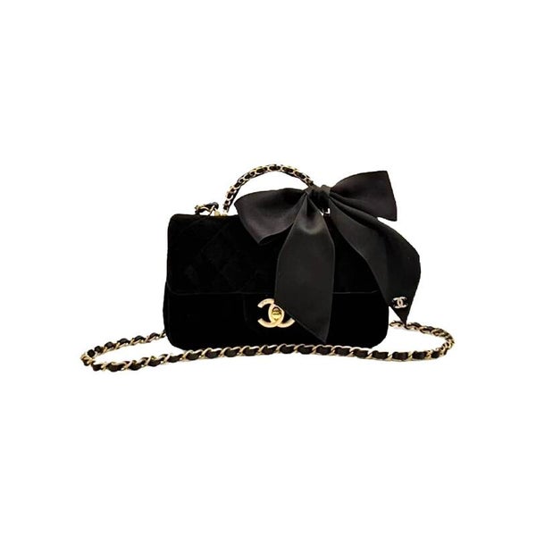 CHANEL Mini Flap Bag with Top Handle Velvet, Silk & Gold-Tone Metal Black