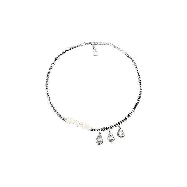 DIOR Logo Plaque and Crystal Drop Necklace Silver-Finish