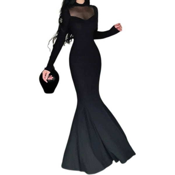 Maleficent-Inspired Elegant Mesh Backless Dress with a Fitted Waist and Mermaid Hem