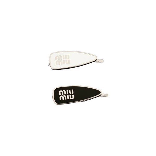 MIU MIU Set of Two Enameled Metal Hair Clips Black and White