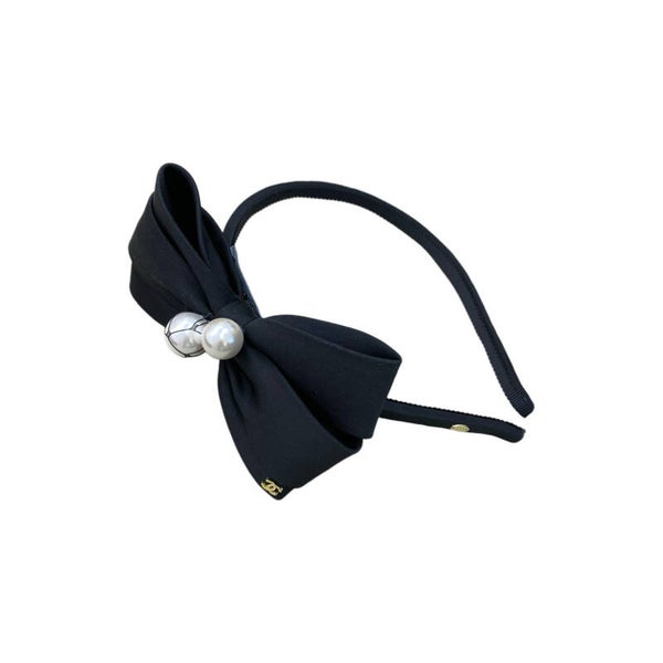 CHANEL Bow Hairband with Faux Pearls Black