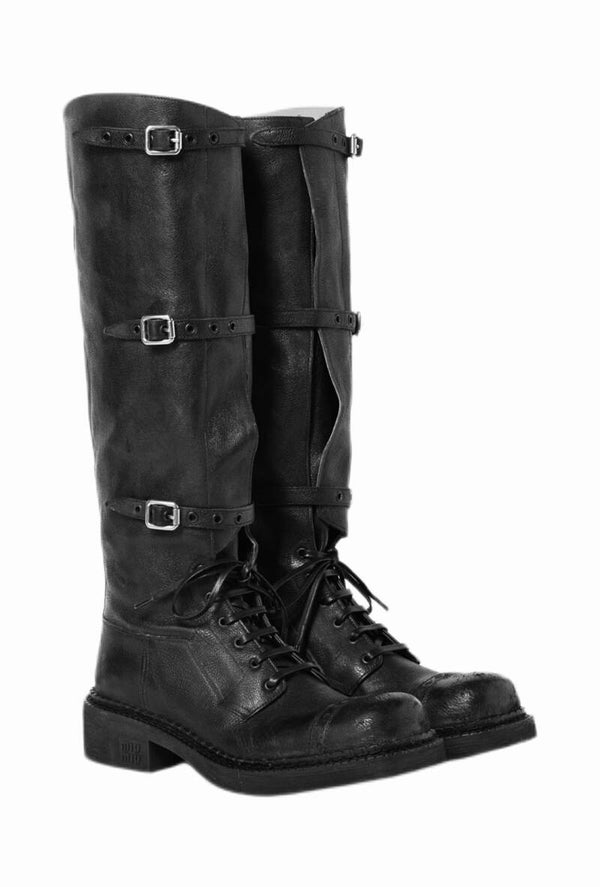 MIU MIU Leather Lace-Up Boots With Buckles Black
