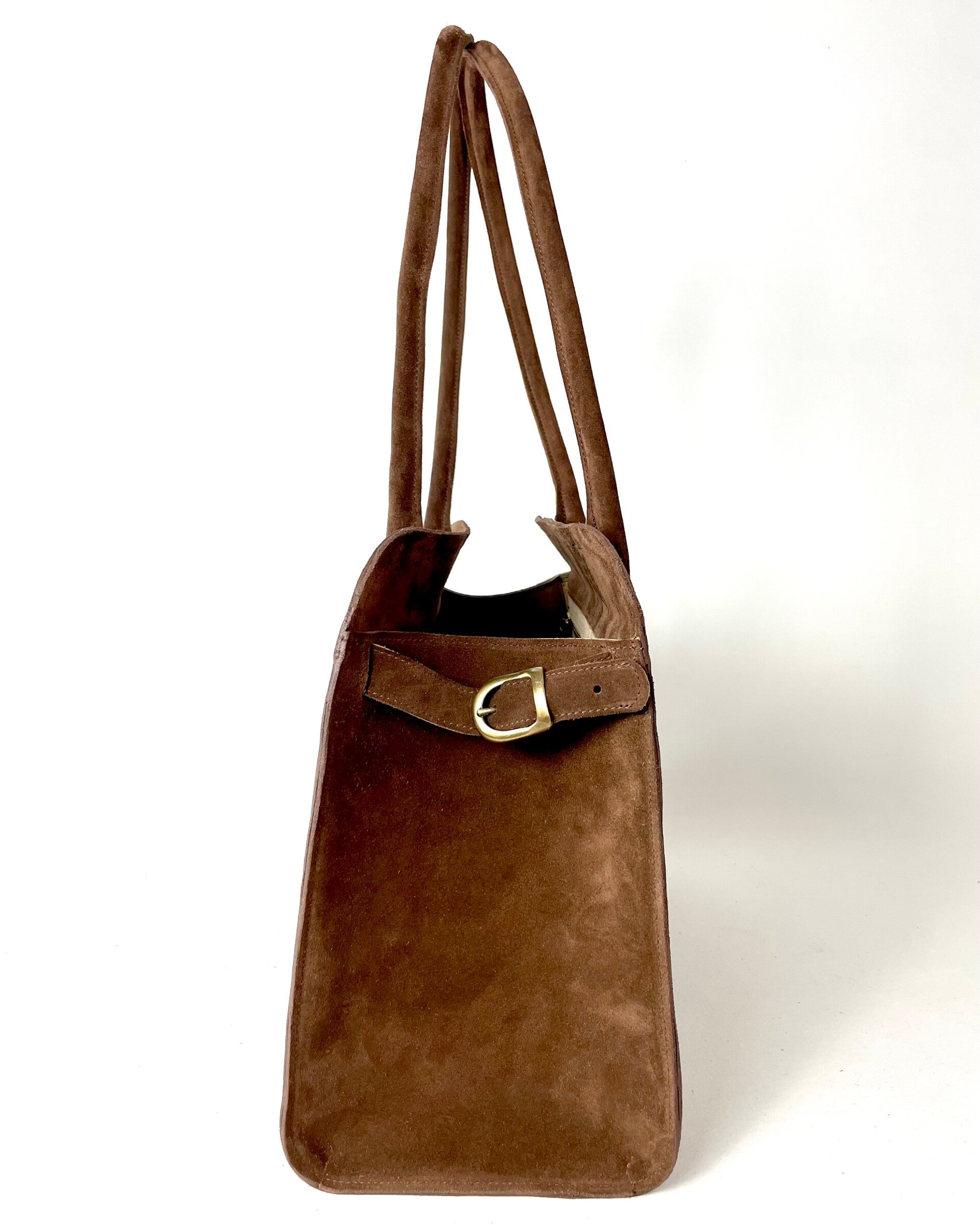 Bruin suède totebag - zijaanzicht
