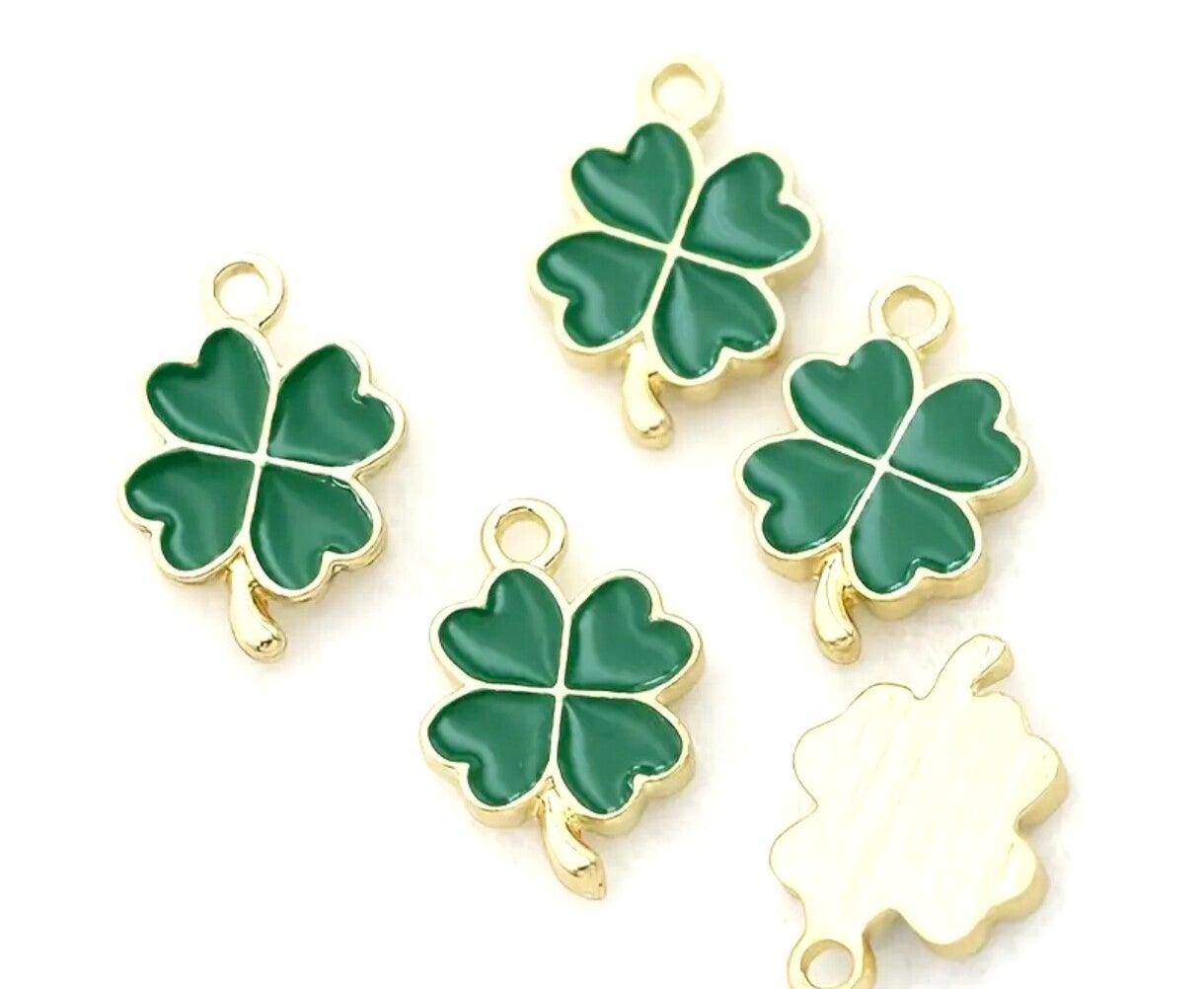 Charmes Trèfle à Quatre Feuilles Doré et Vert
