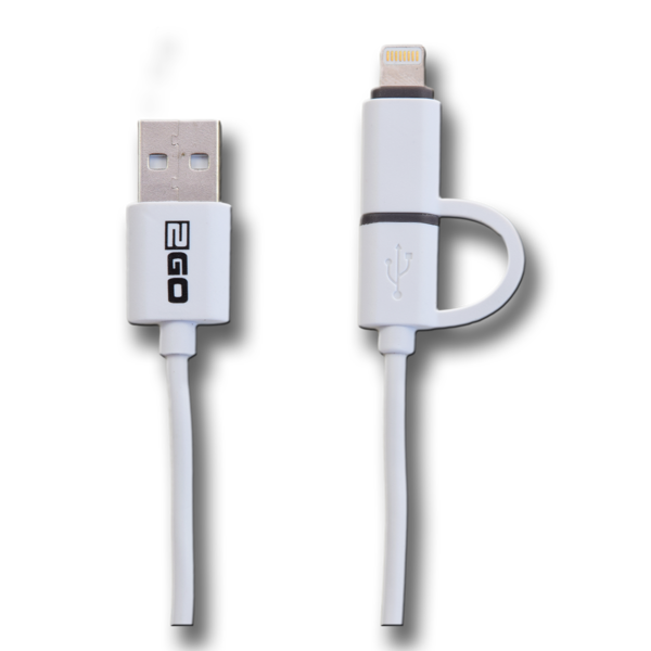 2GO, 2 in 1 USB Lade- und Datenkabel - weiss - 1m, Adapter auf Apple 8-Pin (795637)