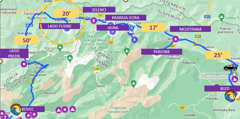 mapa de la ruta entre bled y bovec con paradas en cascadas pricknik y mojstrama jasna kransja gora selenci lago esmeralda lago fusine lago predil