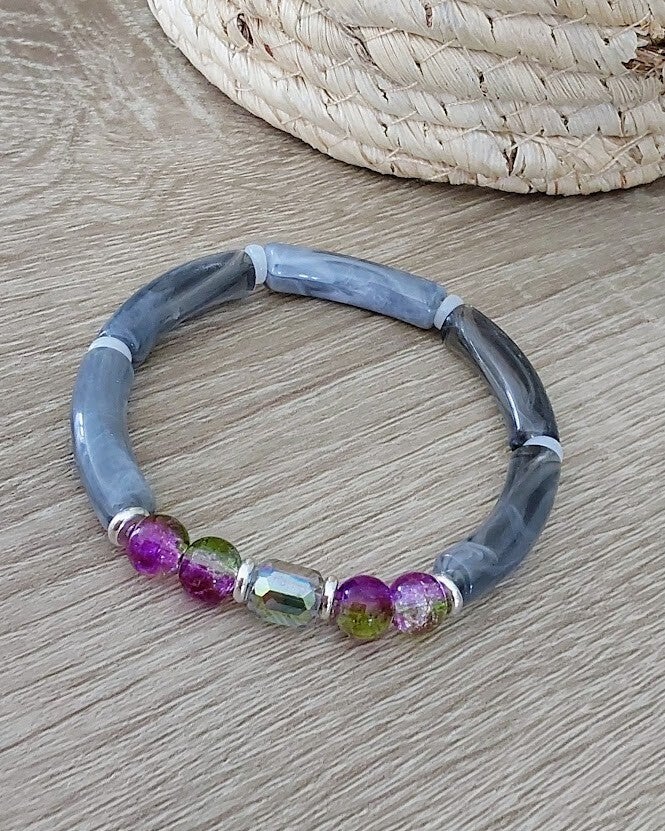 Bracelet Elva – Verre Facetté Violet & Vert & Gris Transparent