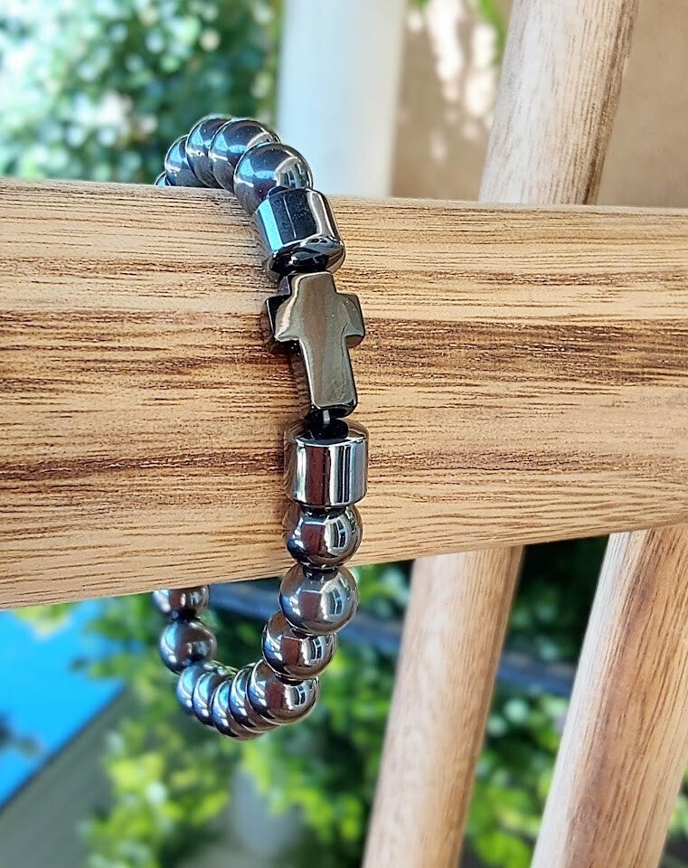 Kross • Bracelet Homme Croix Noire & Hématite