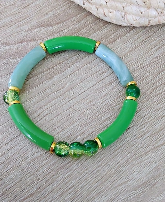 Bracelet Nélya – Verre Craquelé Vert & Jaune