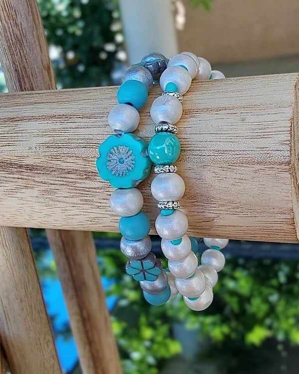 Duo Talia – Bracelets bohème chic turquoise & bois nacré