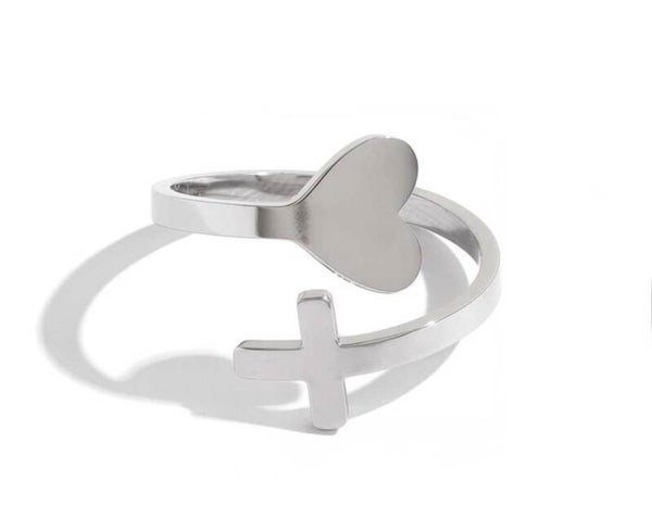 Zilver kruis hart ring