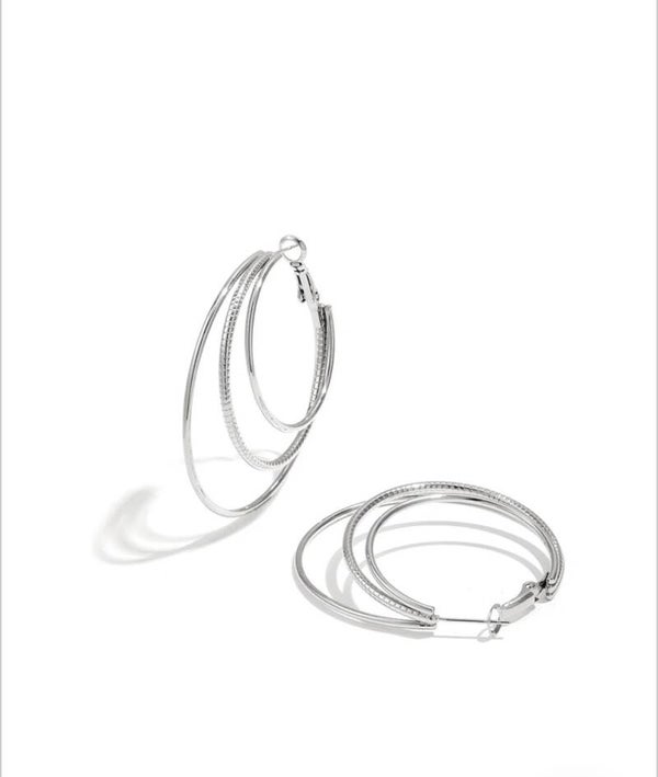 Zilver 3 dubbele grote ring oorbellen