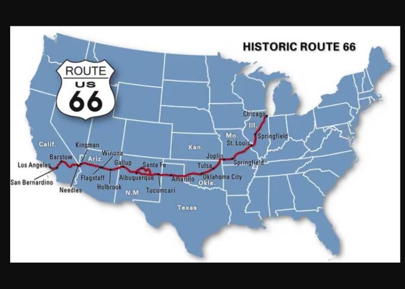La route 66 aux U.S.A. de Chicago à L.A. (Les Anges en "Calif"-Ornie)