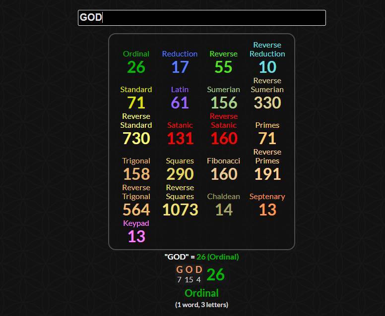 La gématrie de GOD =  26 en ordinaire 