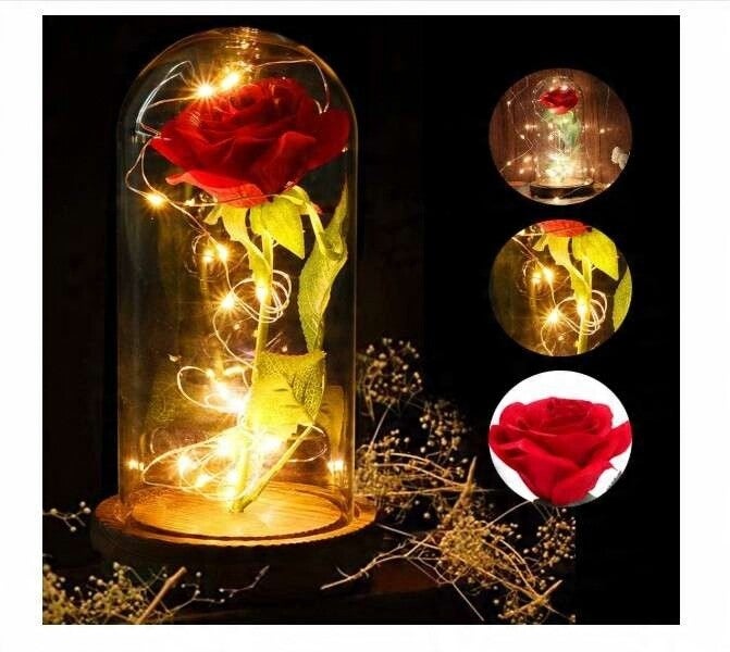 Róża sztuczna wieczna w szklanej kopule z lampkami oświetleniem LED prezent