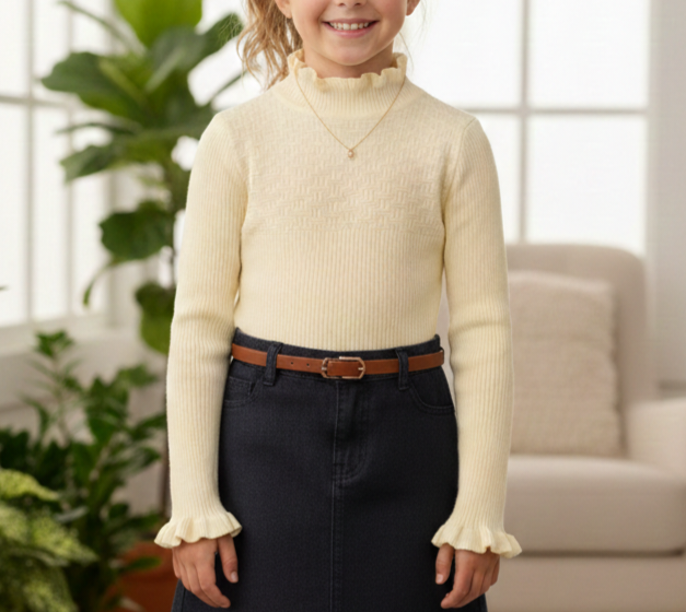 Crèmekleurig fijngebreid truitje met ruches