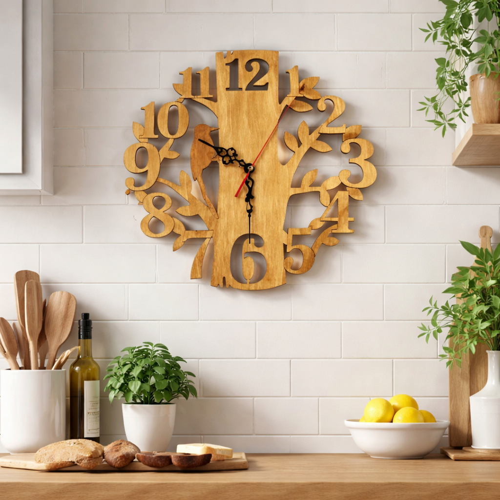 Tree Shaped Wooden Wall Clock | Nature Bird Design