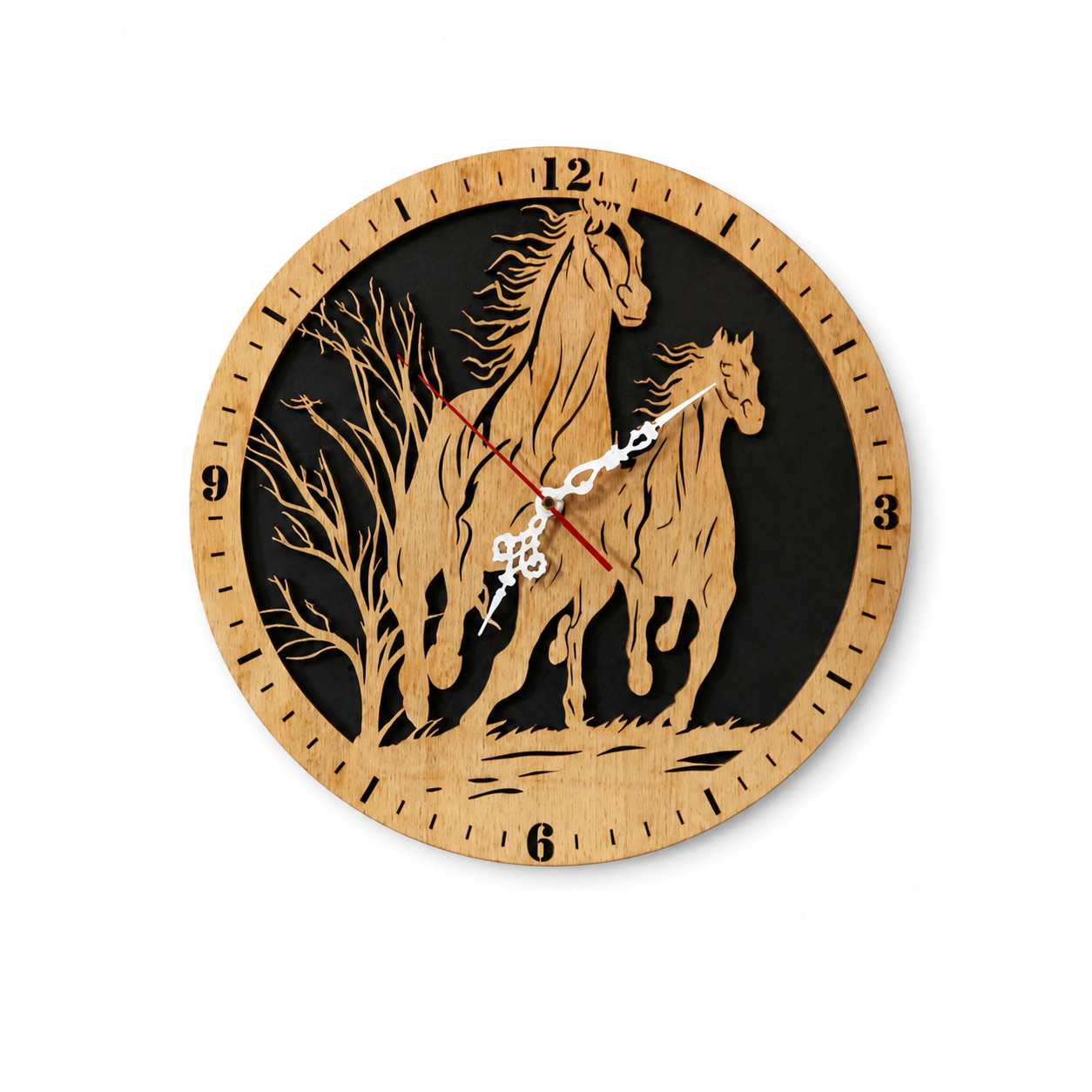 Handmade Wooden Horse Wall Clock – 3D Layered Horse Design, Black & Natural Wood Finish, Rustic Equestrian Home Decor, Horse Lover Gift