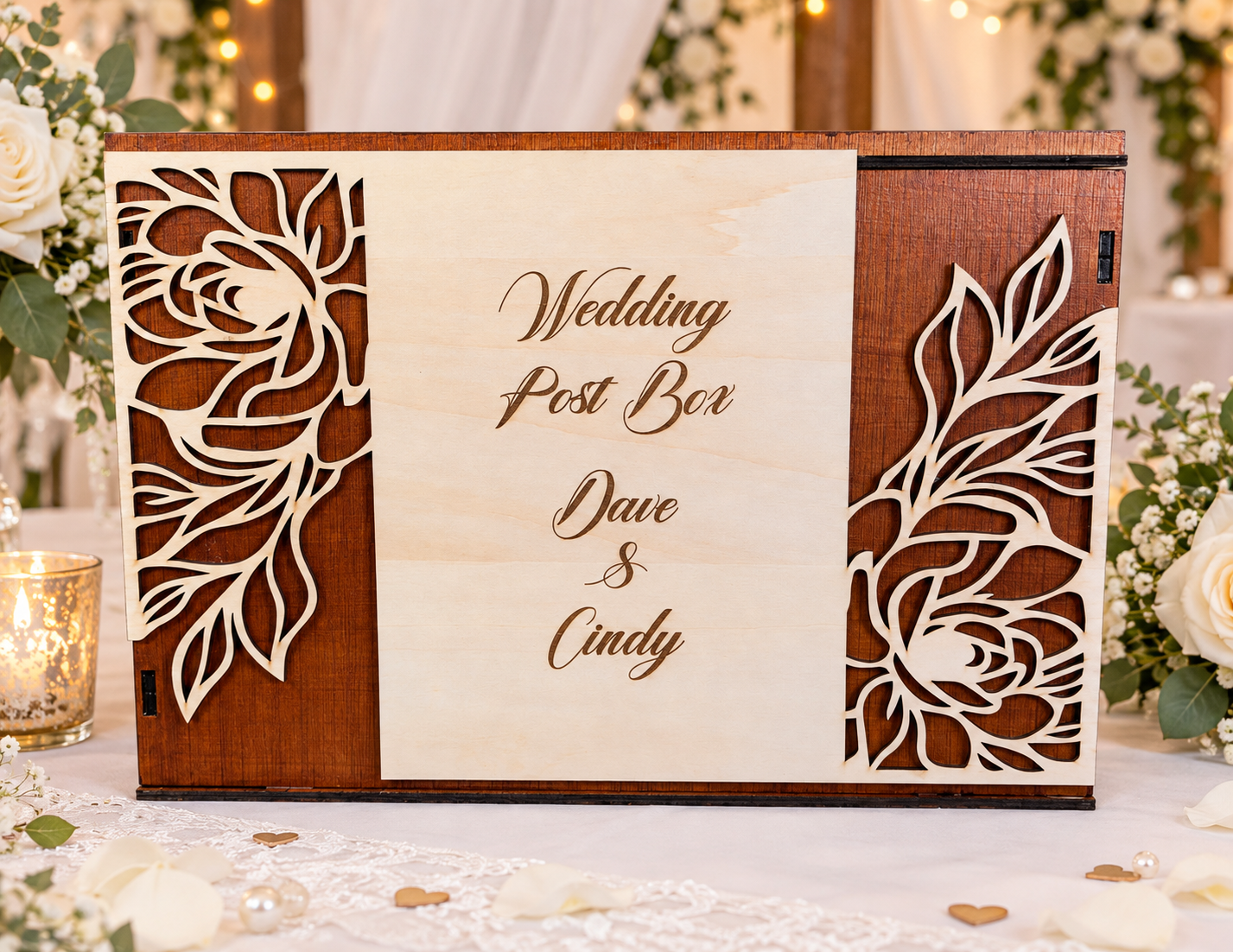 Personalised Wooden Wedding Post Box – Rustic Floral Wedding Card