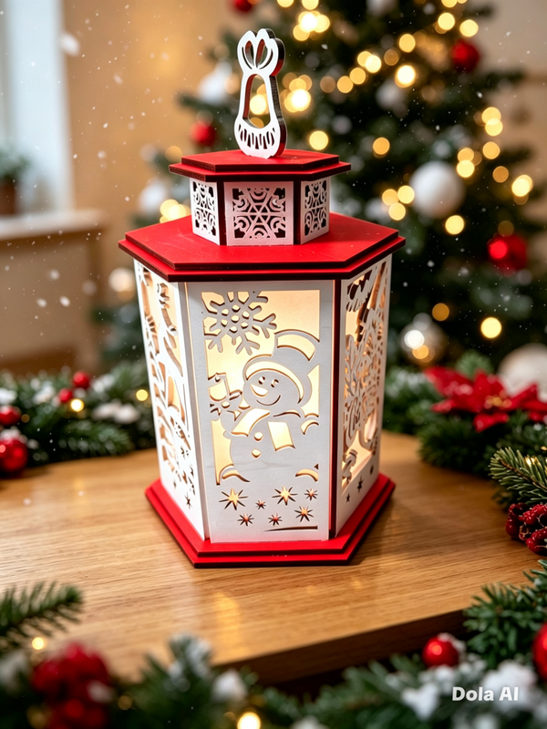 Wooden Christmas Reindeer Lantern – Red & White LED Candle Holder