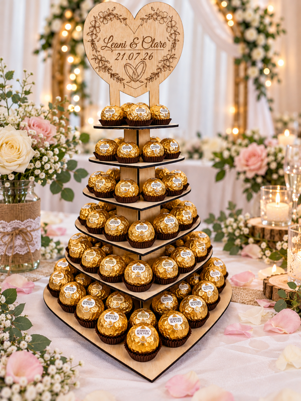 Personalised Wooden Heart Wedding Cupcake Stand – Laser Cut Tiered Display with Custom Names & Date