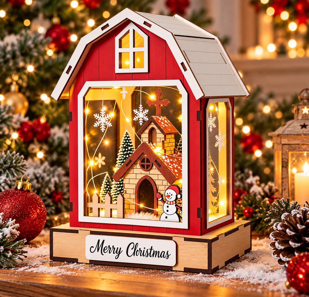 Illuminated Wooden Christmas Barn Lantern – Festive Handmade Christmas Decoration | Gemini Creations UK