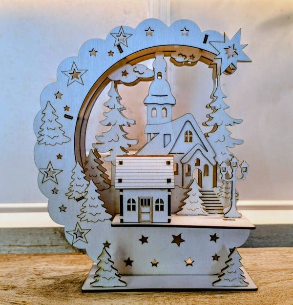 LED Lit Moonlit Christmas Village – Handcrafted Wooden Decoration