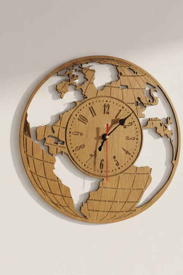 World Map Globe Wooden Wall Clock