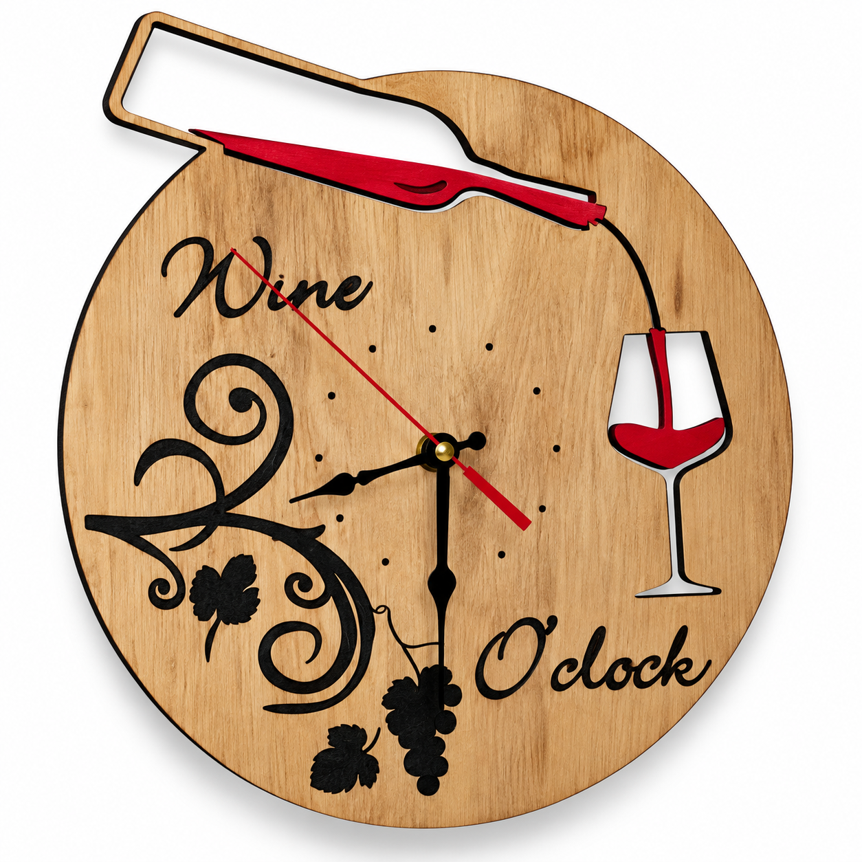 Handmade Wooden Wine O’Clock Wall Clock – Laser Cut Wine Bottle & Glass Design, Rustic Kitchen Decor, Wine Lover Gift