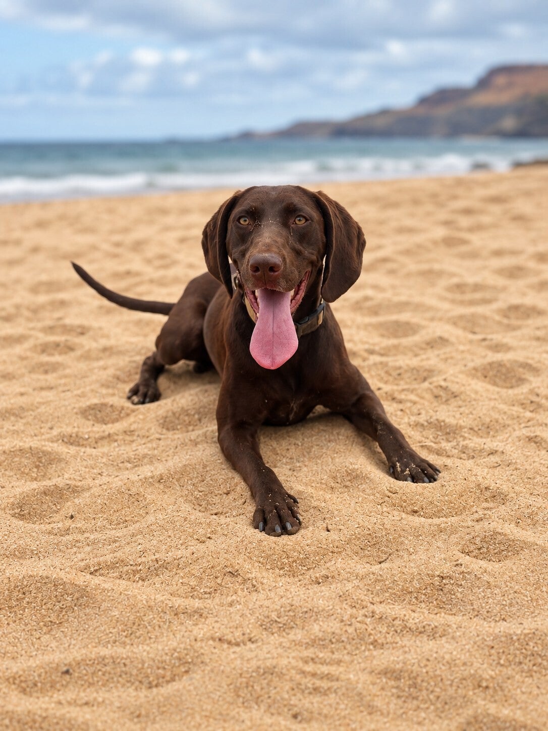 Braco Alemán marrón adulto descansando en la arena frente al mar