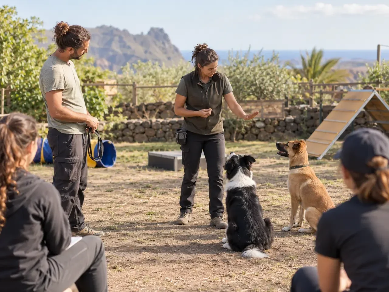 Práctica guiada de educación canina con varios participantes