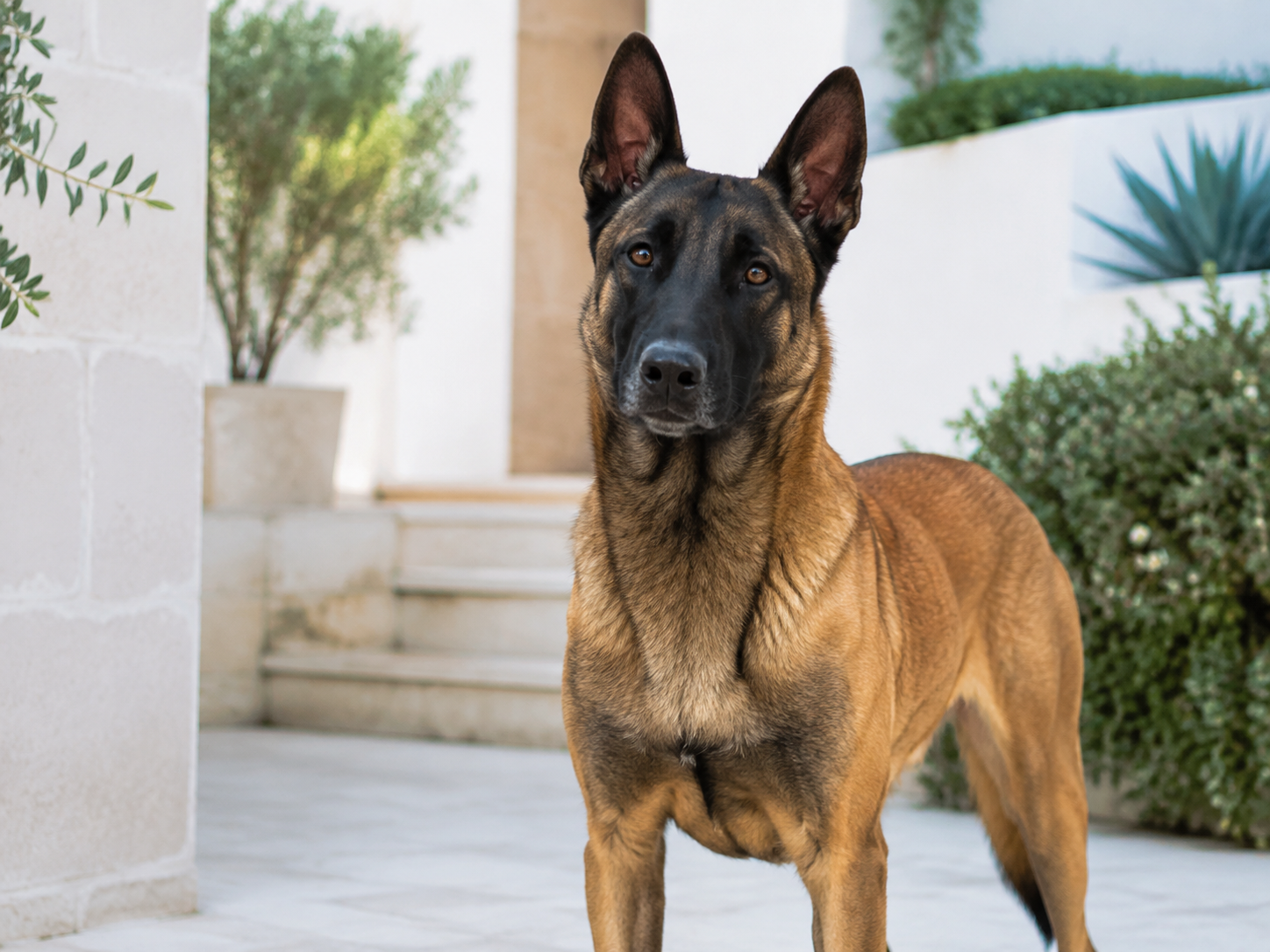 Pastor belga malinois adulto atento y sereno en un entorno residencial luminoso