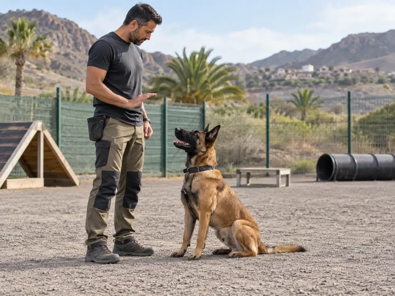 Perro trabajando obediencia junto a su guía