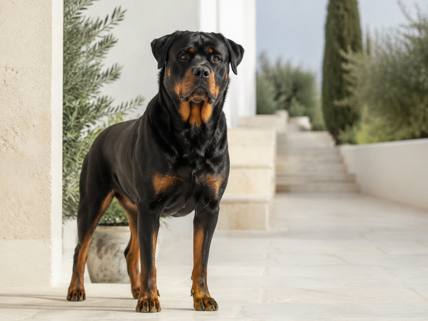 Rottweiler adulto de porte sereno en un entorno residencial luminoso