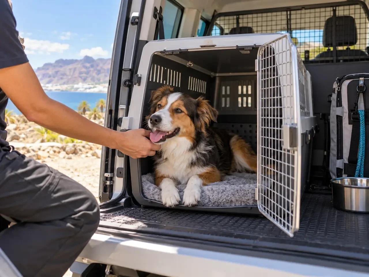 Perro en un transportín acondicionado dentro de un vehículo