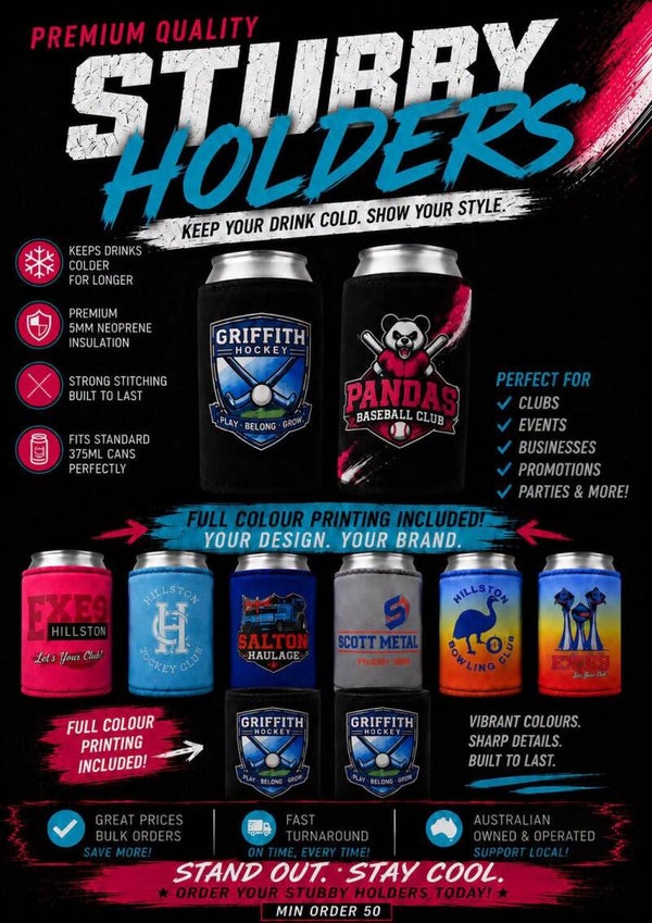 200 x Custom Stubby holders. $3 Each inc GST