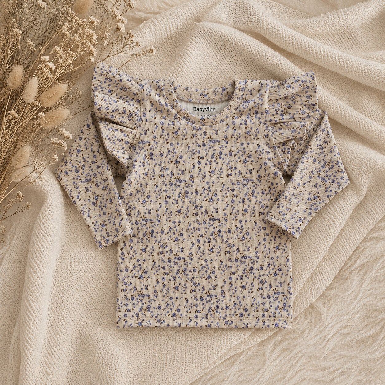 Shirt BabyRib Blue Flower | Ruffle optioneel.