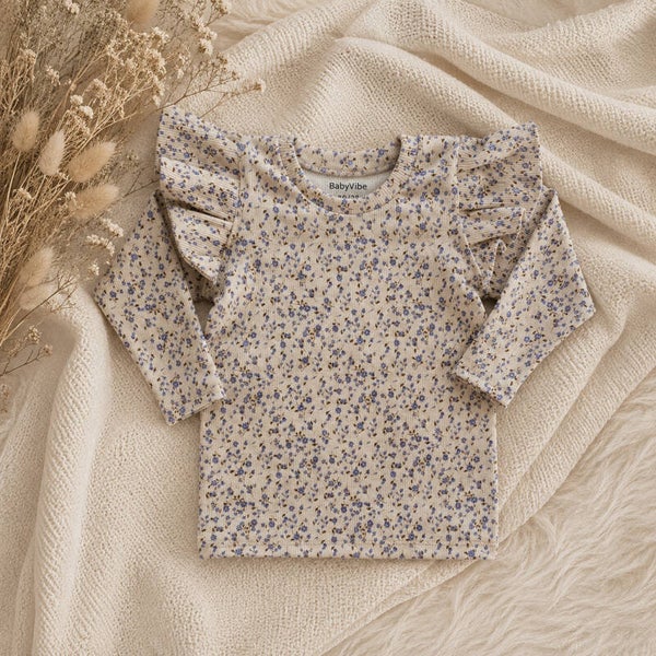 Shirt BabyRib Blue Flower | Ruffle optioneel.