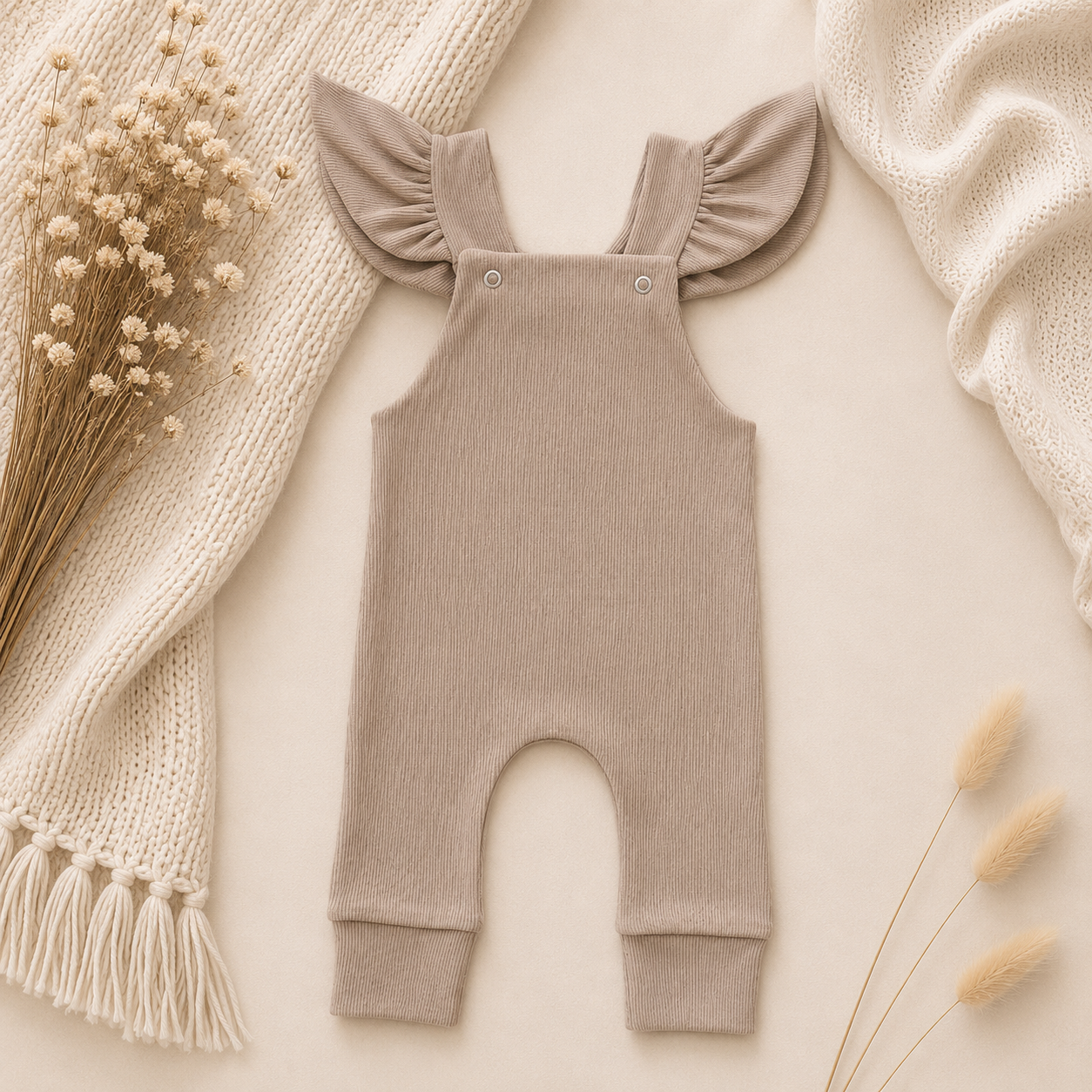Ruffle Tuinbroekje | BabyRib Donker Beige
