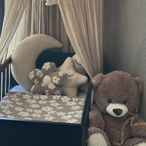 Deken Teddy Bloemen Taupe  (wagen/wieg/ledikant)