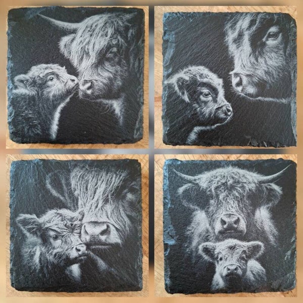 Leisteen onderzetters Schotse Hooglanders inclusief metalen houder.