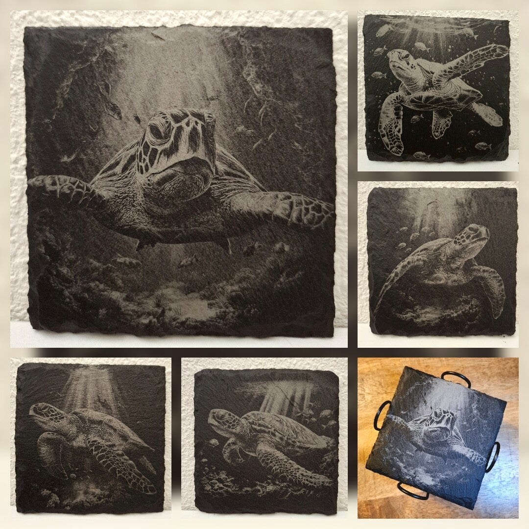 Set van 5 leisteen onderzetters inclusief metalen houder