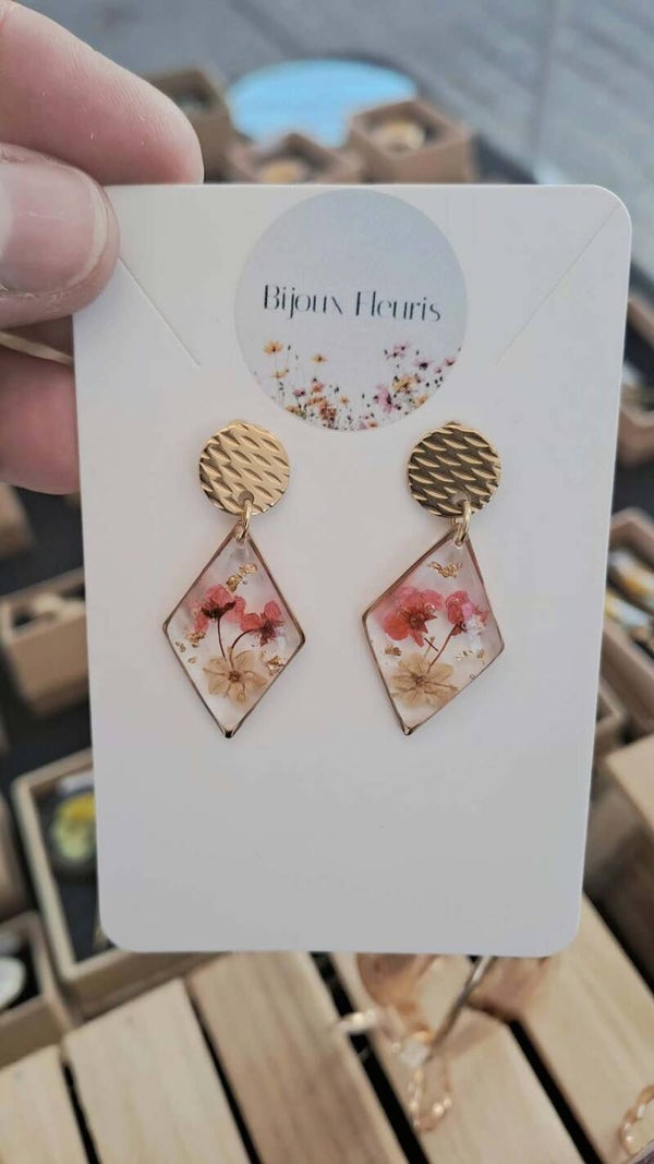 🌺Boucles d’oreilles losange fleurs rouges🌺