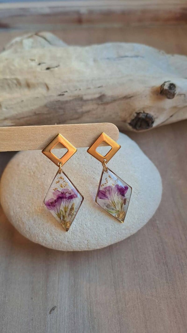 🌷Boucles d’oreilles losanges fleurs violettes🌷